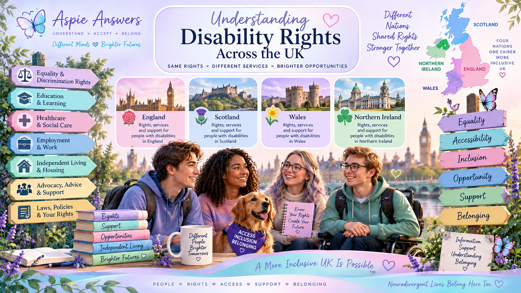 Illustrated guide representing England, Scotland, Wales and Northern Ireland and showing that disability rights and support pathways can differ across the four UK nations.