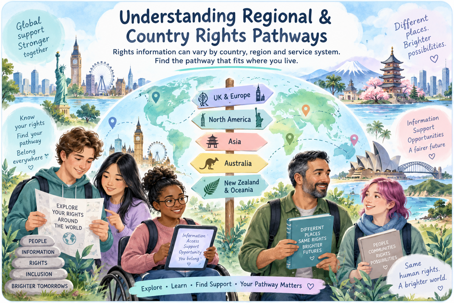 Understanding Regional and Country Rights Pathways infographic showing how rights, accessibility, support and complaints systems can differ around the world.
