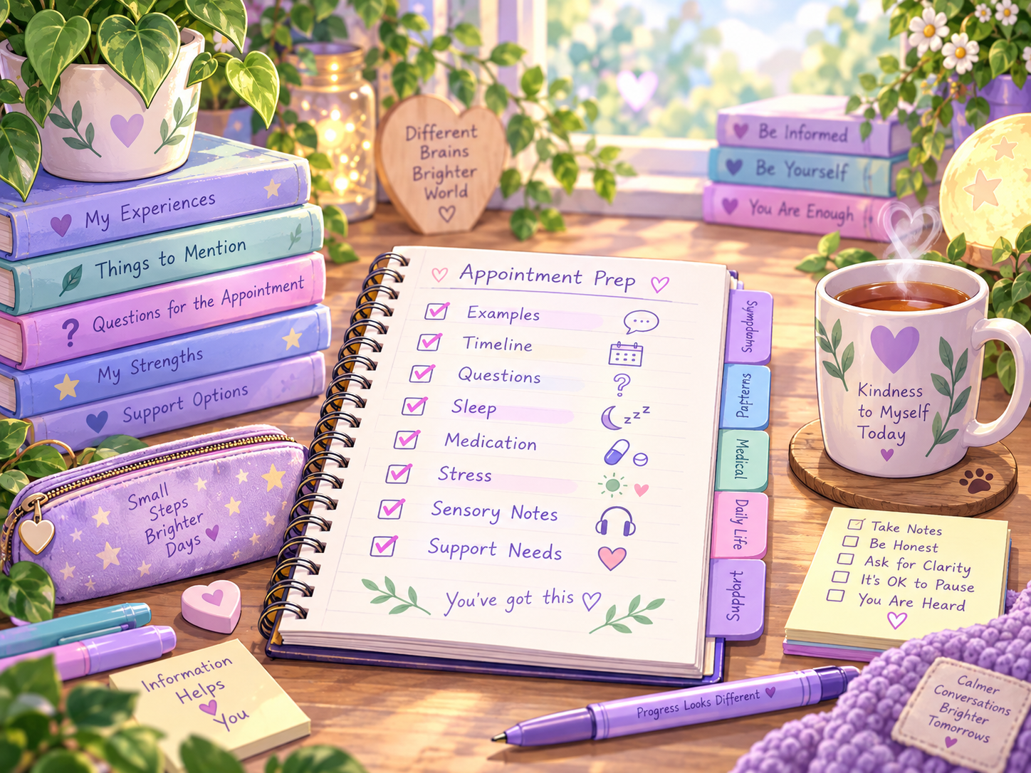 Appointment preparation visual with prompts for symptoms, timeline, questions, sleep, medication, stress, sensory notes and support needs.