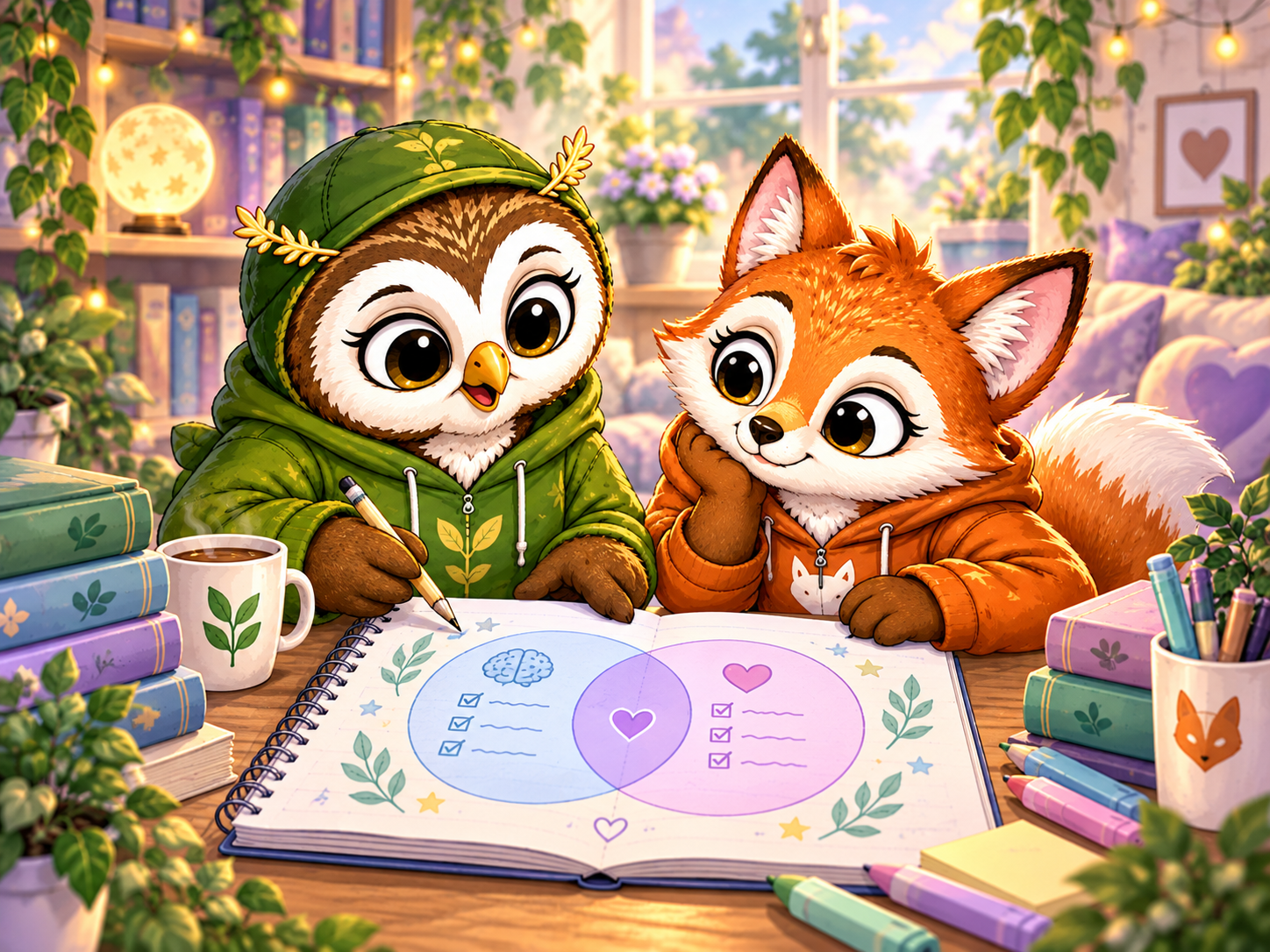 Olive Owl and Finn Fox in a gentle study setting, supporting learning, understanding and flexible thinking.