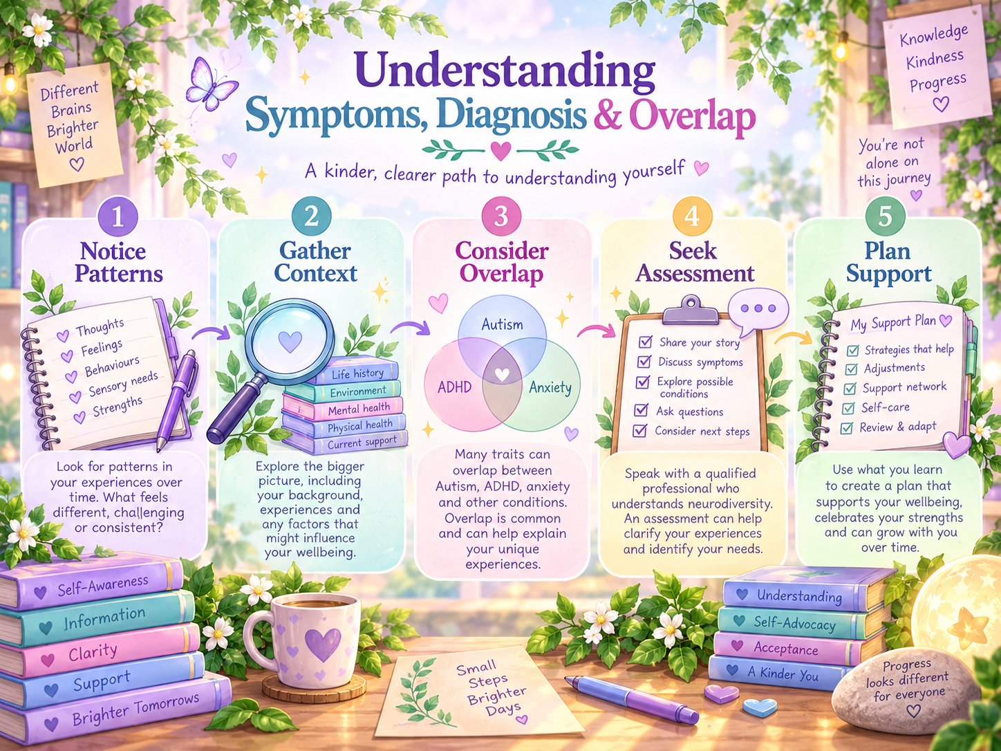 Visual showing overlap between mental health, neurodivergence, physical health and life experiences.