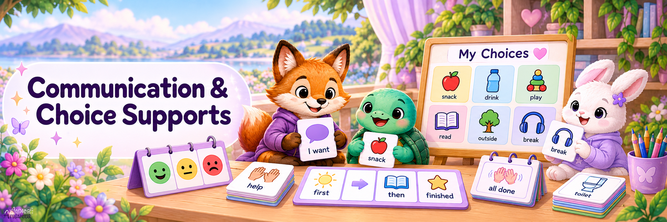 Illustrated divider showing communication cards, choice boards, break cards and request supports