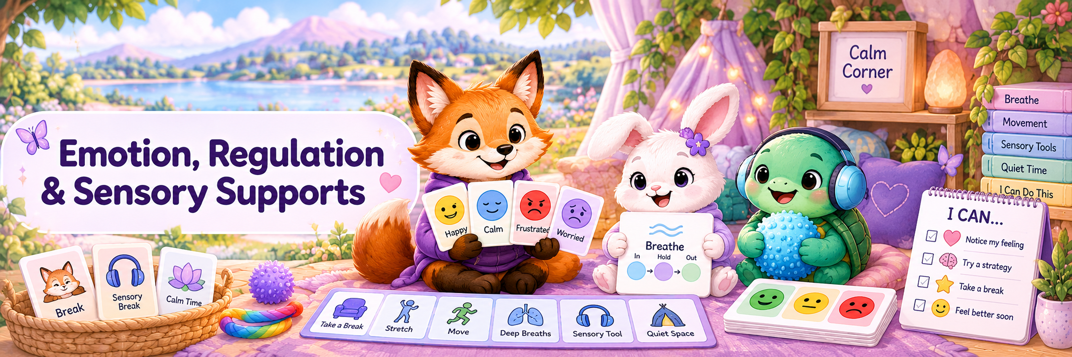 Illustrated divider showing emotion cards, breathing prompts, sensory tools and calm-space supports
