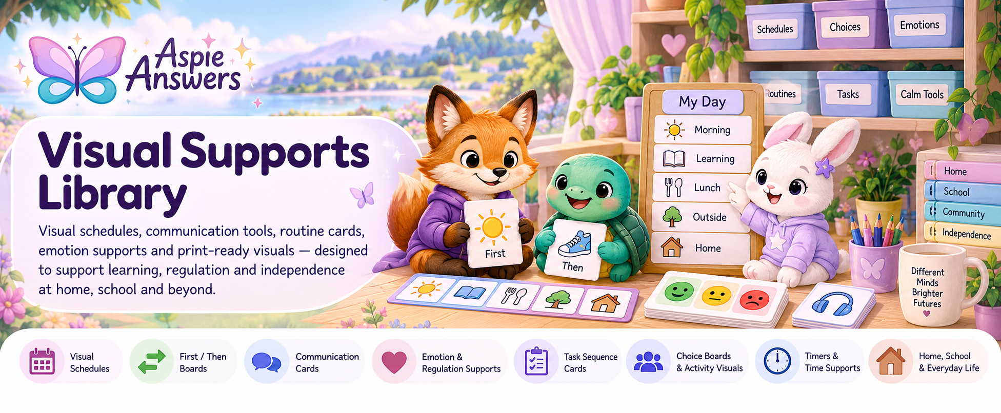 Visual Supports Library banner with visual schedules, First Then cards, communication tools and everyday support visuals