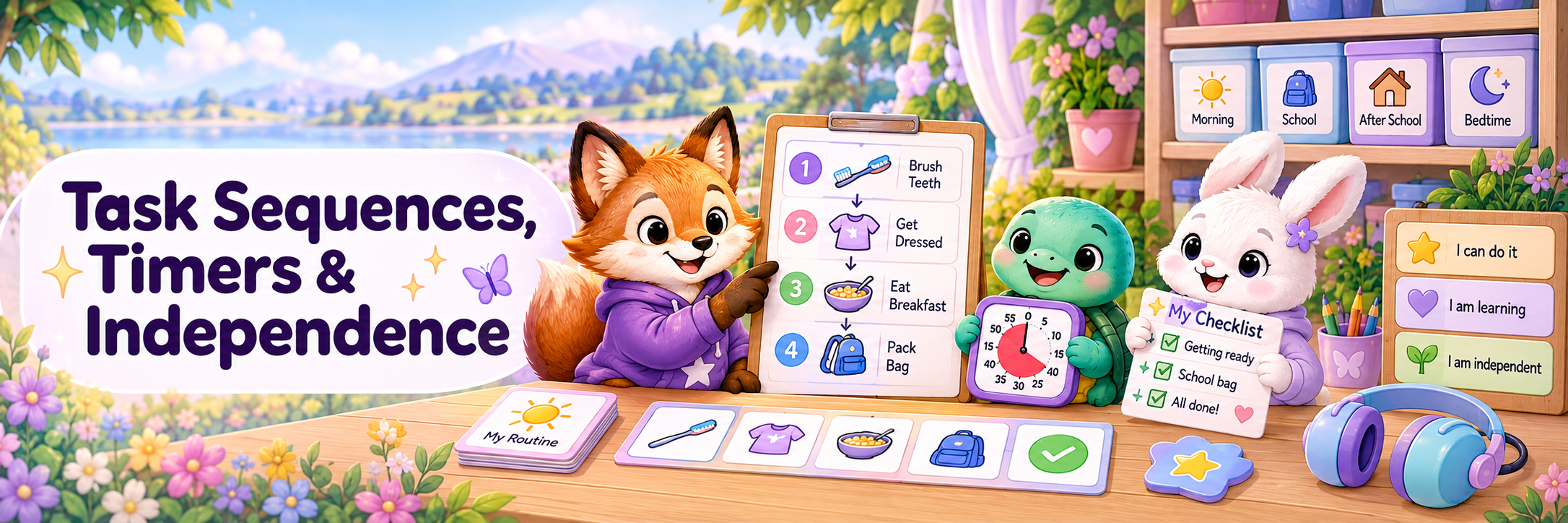 Illustrated divider showing task sequences, visual timers, checklists and independence supports