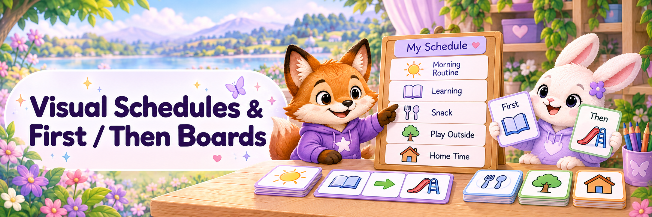 Illustrated divider showing visual schedules and First Then boards