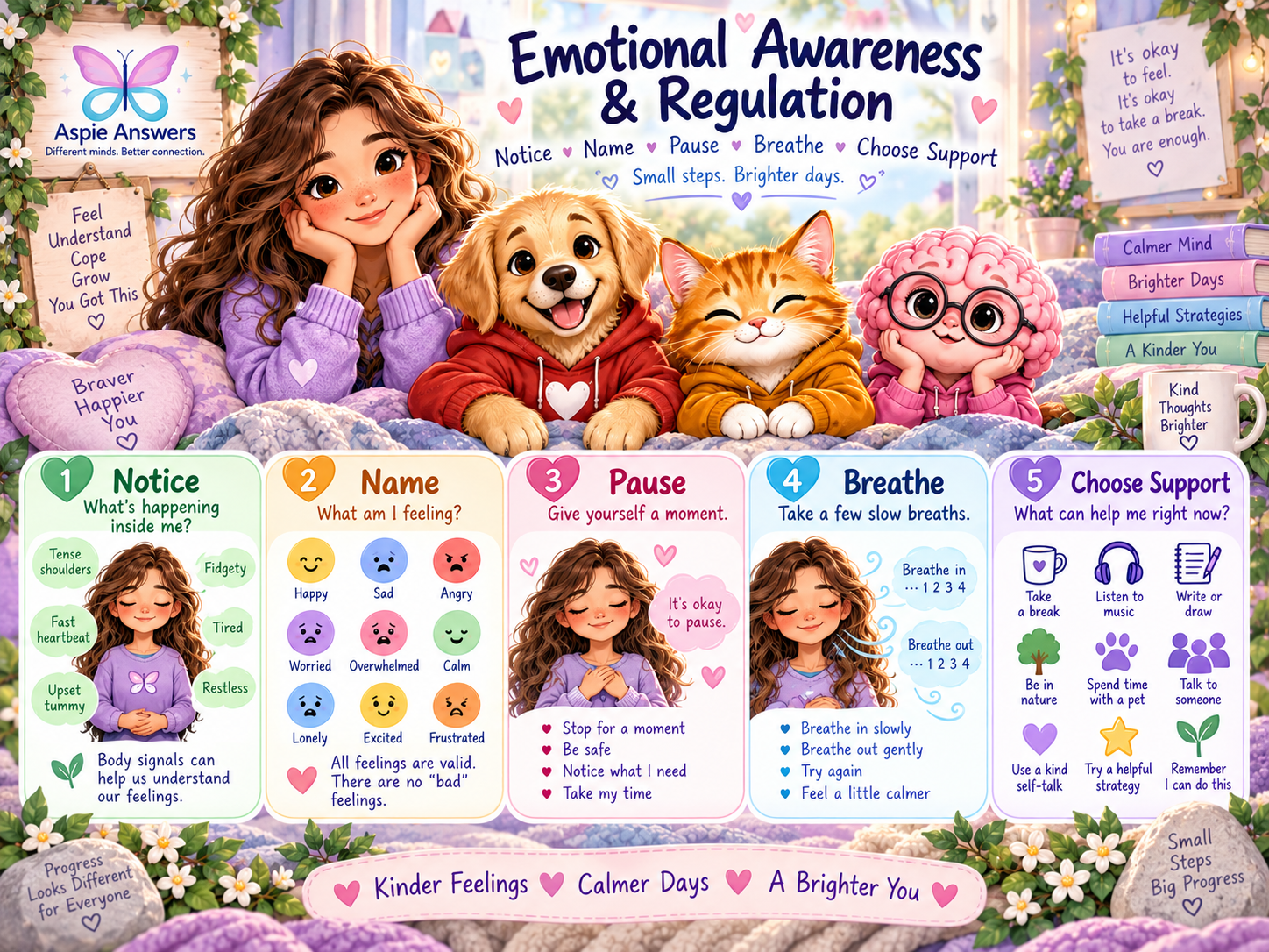 Emotional awareness and regulation visual showing practical steps for noticing, naming and responding to feelings.