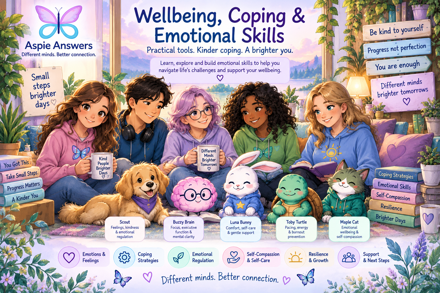 Diverse people and Aspie Answers Companions representing community support, belonging and different ways of coping.