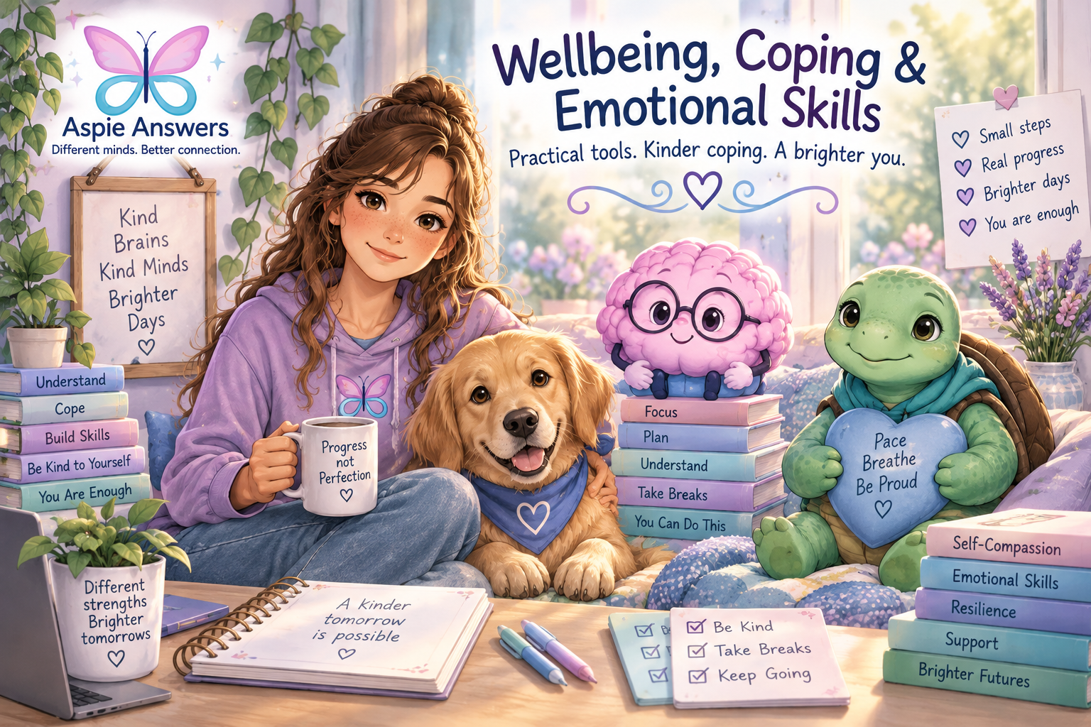 Semi-realistic person with Aspie Answers Companions representing different wellbeing and coping supports.
