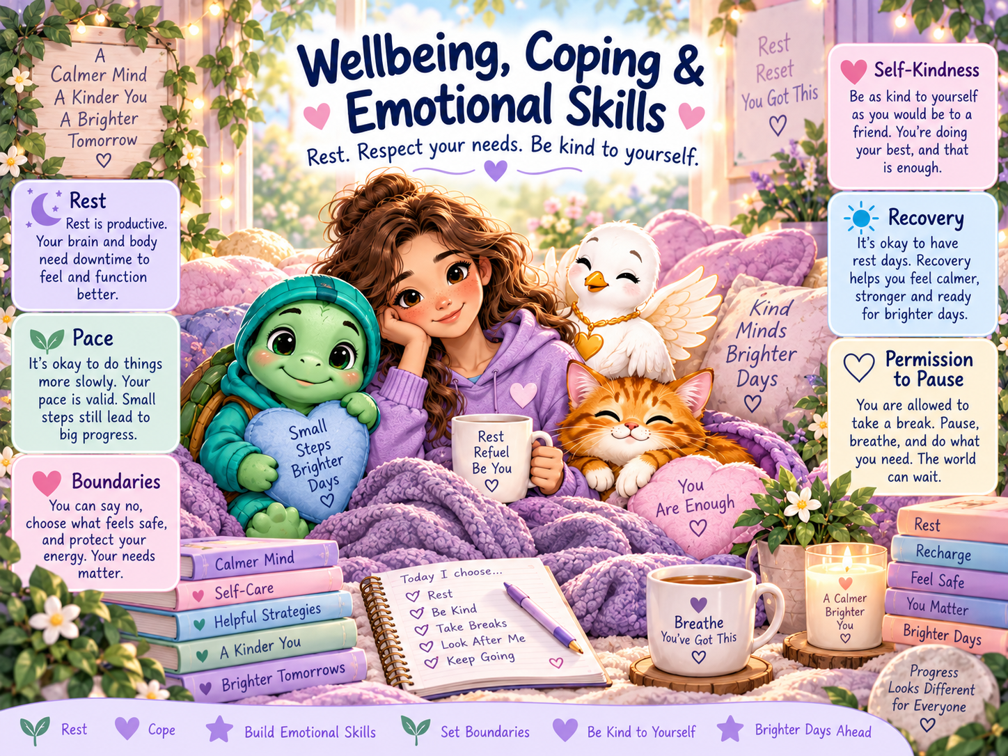 Visual toolkit showing different wellbeing and coping strategies.