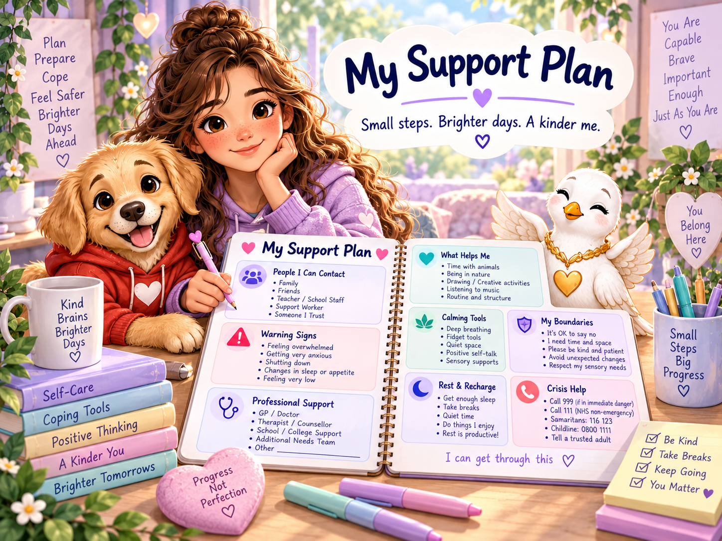 Personal wellbeing support plan visual with practical coping and support ideas.
