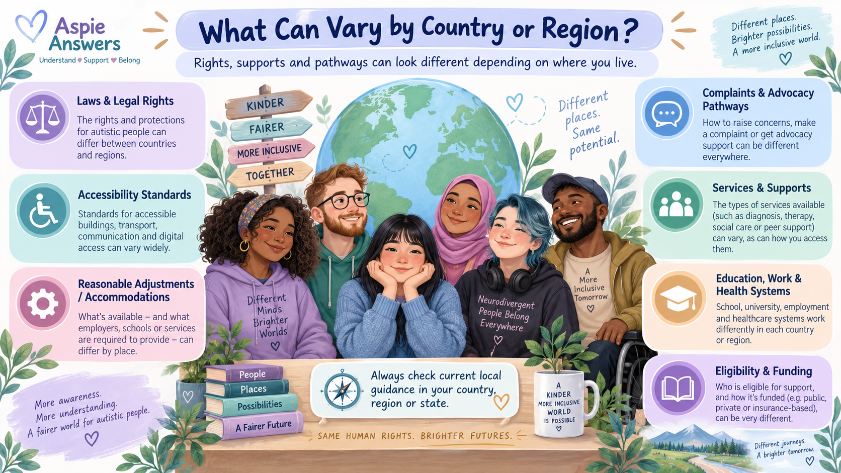 What Can Vary by Country or Region infographic covering laws, accessibility standards, adjustments, complaints, support, funding and terminology.