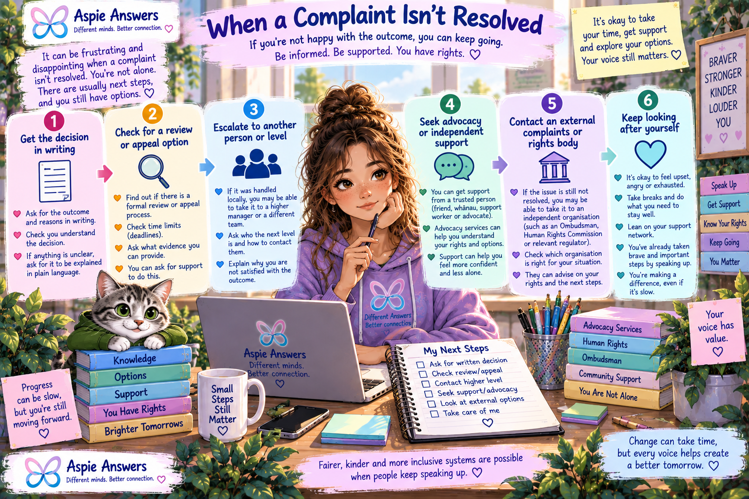 Illustrated guide explaining options when a complaint is not resolved, including written decisions, review, escalation, advocacy, external support and self-care.