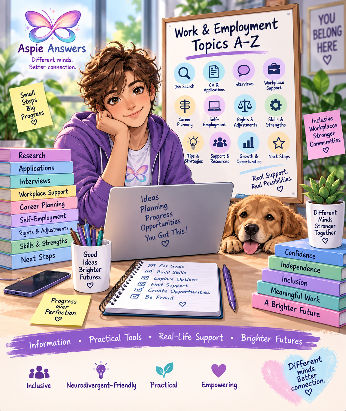 Aspie Answers Work and Employment illustration showing pathways including job search, applications, interviews, workplace support, career planning, self-employment, rights, skills and next steps.
