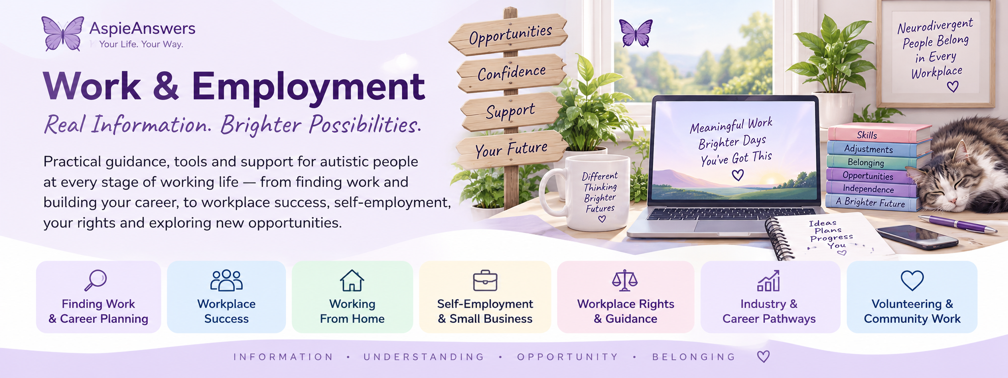 Aspie Answers Work and Employment Hub with seven pathways including finding work, workplace success, working from home, self-employment, rights, career pathways and volunteering