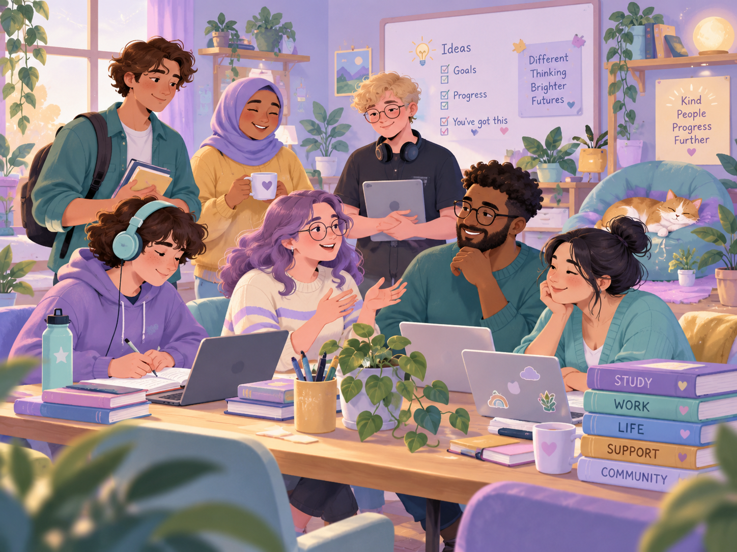 A welcoming group of people studying and working together in a calm shared space, representing different ways of learning, collaborating and supporting one another.