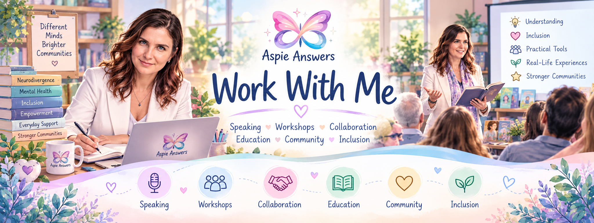 Work With Me at Aspie Answers, representing speaking, workshops, collaboration, education, inclusion and community