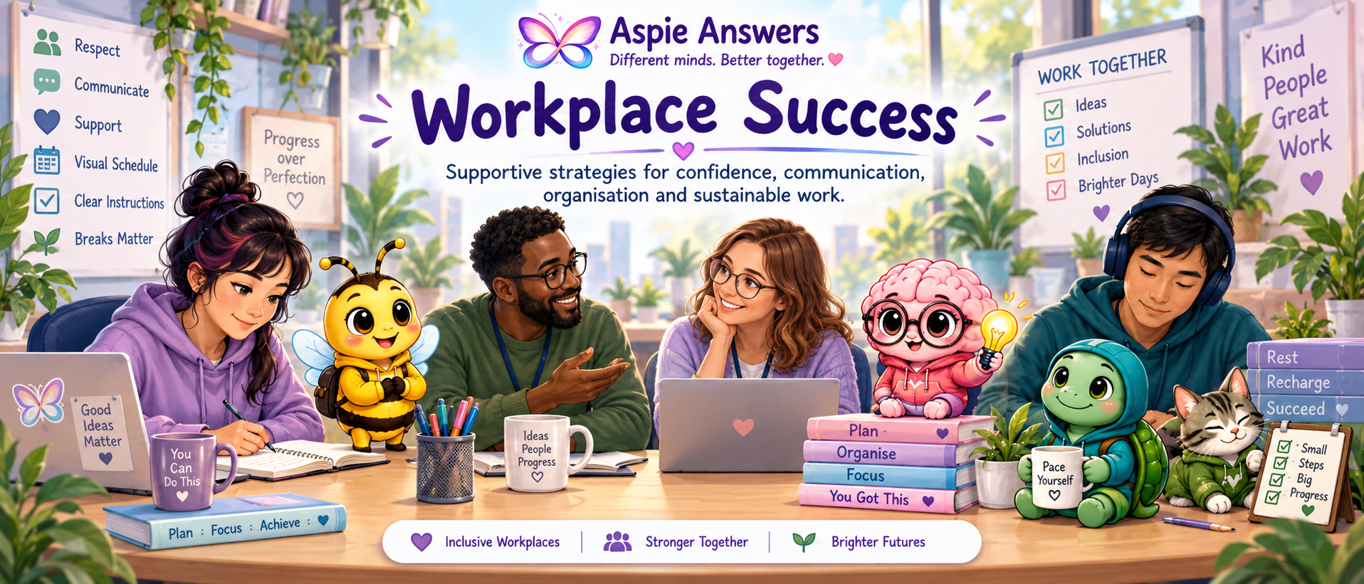 Workplace Success – supportive strategies for confidence, communication, organisation and sustainable work, with an inclusive workplace scene and Aspie Answers Companions.