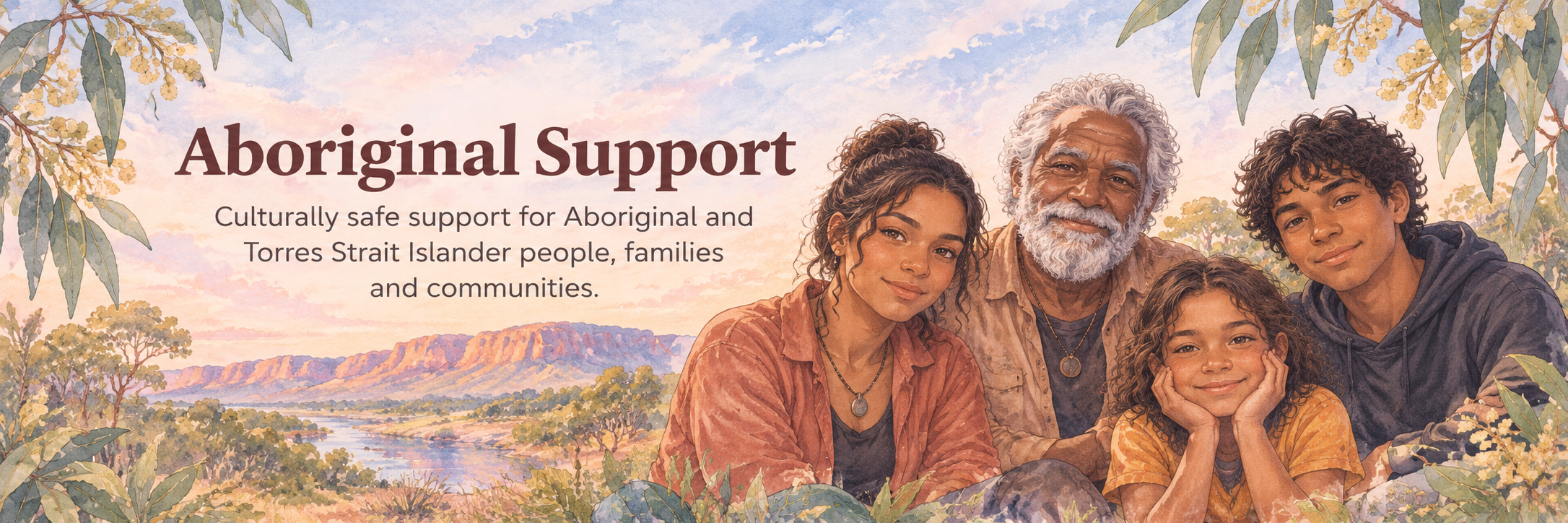 Watercolour illustration of Aboriginal family members from different generations together in an Australian landscape, with the title Aboriginal Support.