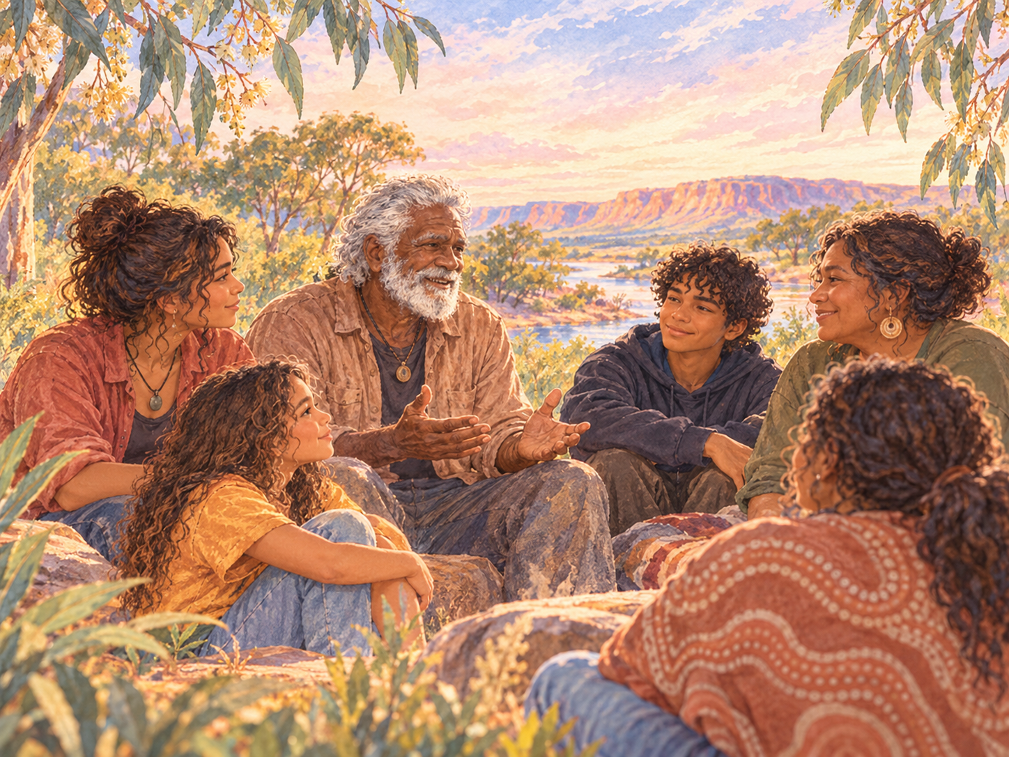 Watercolour-style illustration of family and community members of different generations sitting together and sharing a calm conversation beside a river.