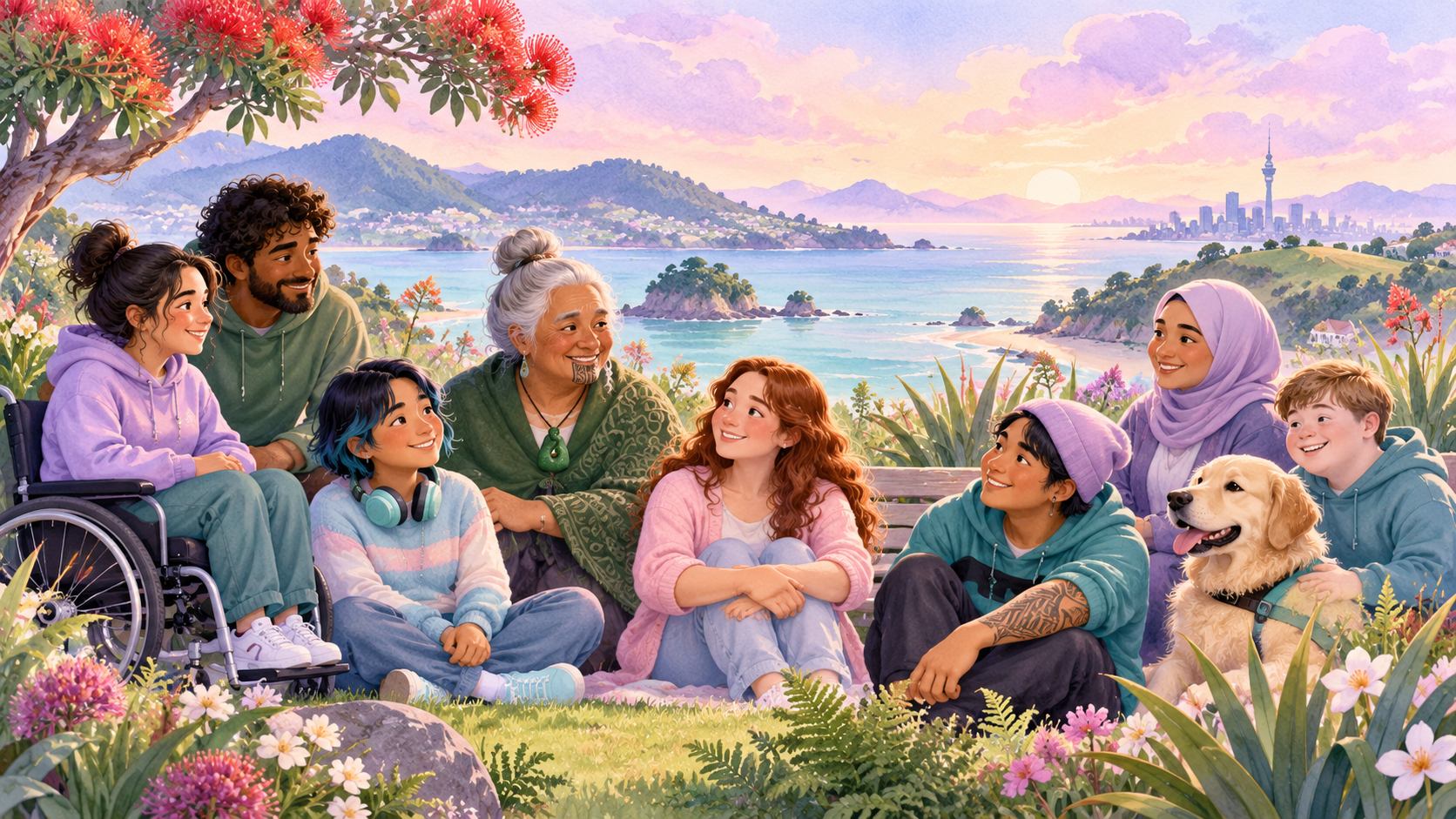 Watercolour scene celebrating inclusive and culturally responsive mental health care