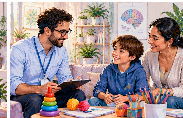 Watercolour child and caregiver speaking with a psychology professional