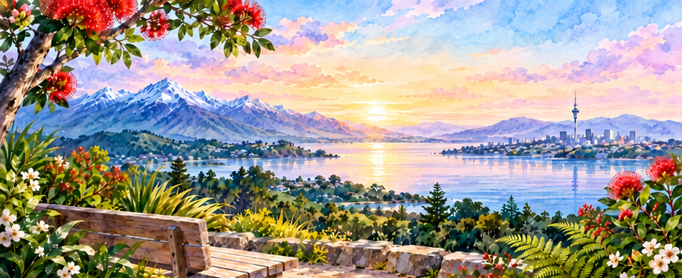 Pastel watercolour coastal landscape in Aotearoa New Zealand with mountains, calm water and flowering native plants