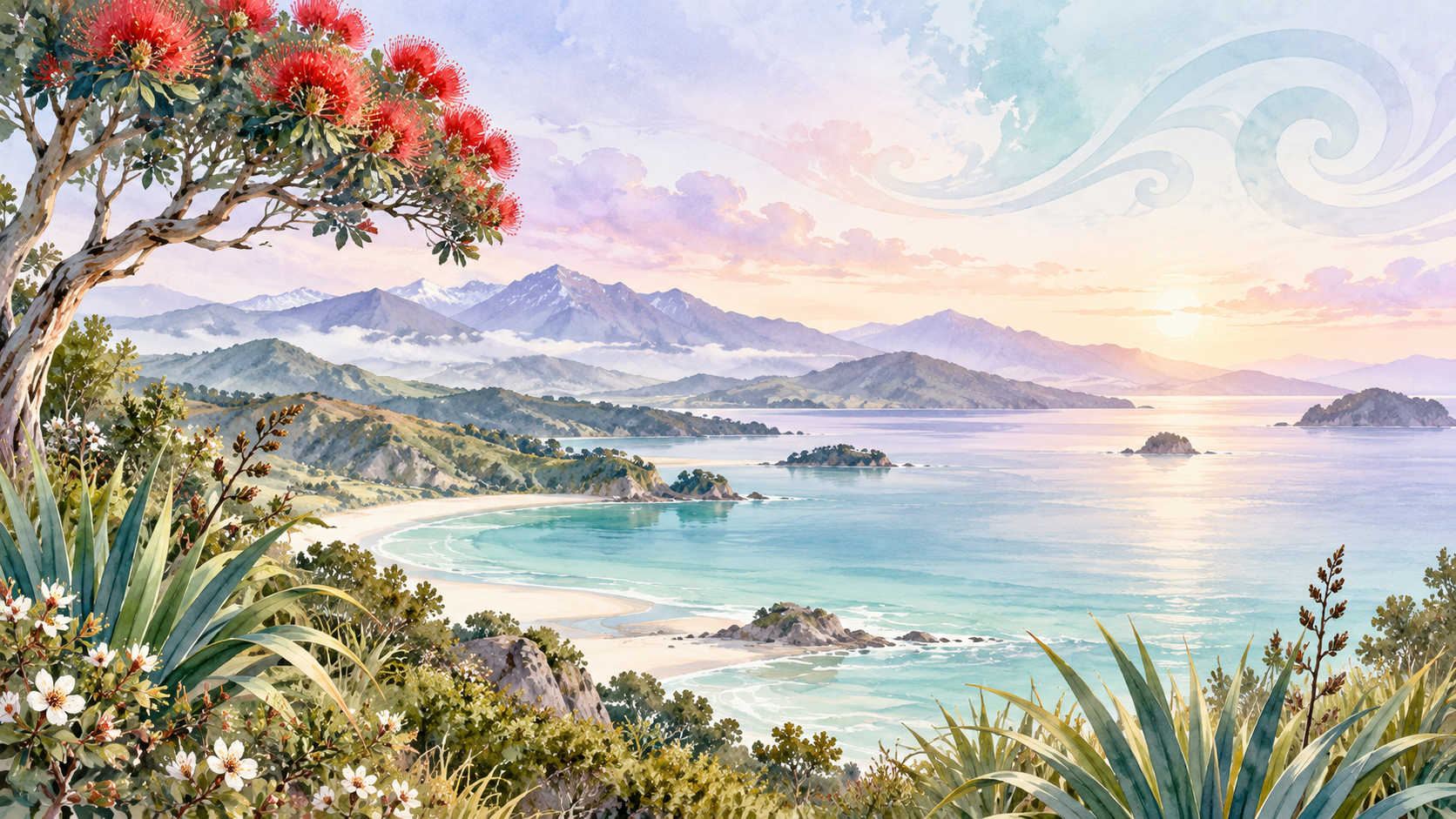 Gentle watercolour New Zealand coastline, foliage and hills