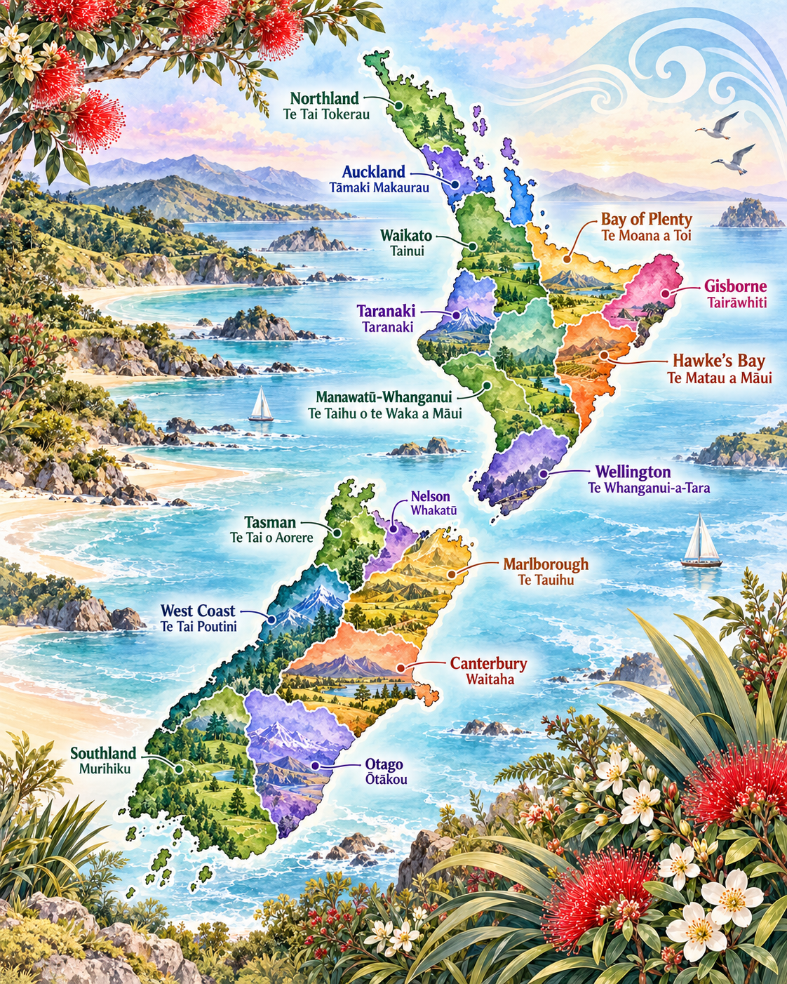 Decorative watercolour illustration of North and South Islands with regional labels; use interactive map and text selection below for navigation