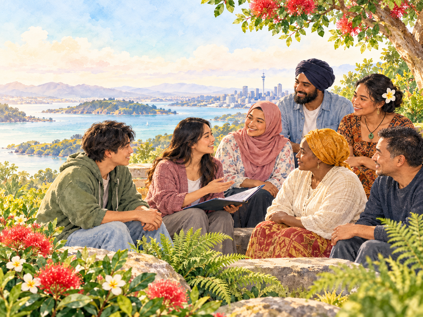 Watercolour group of people from varied cultural backgrounds discussing support options outdoors