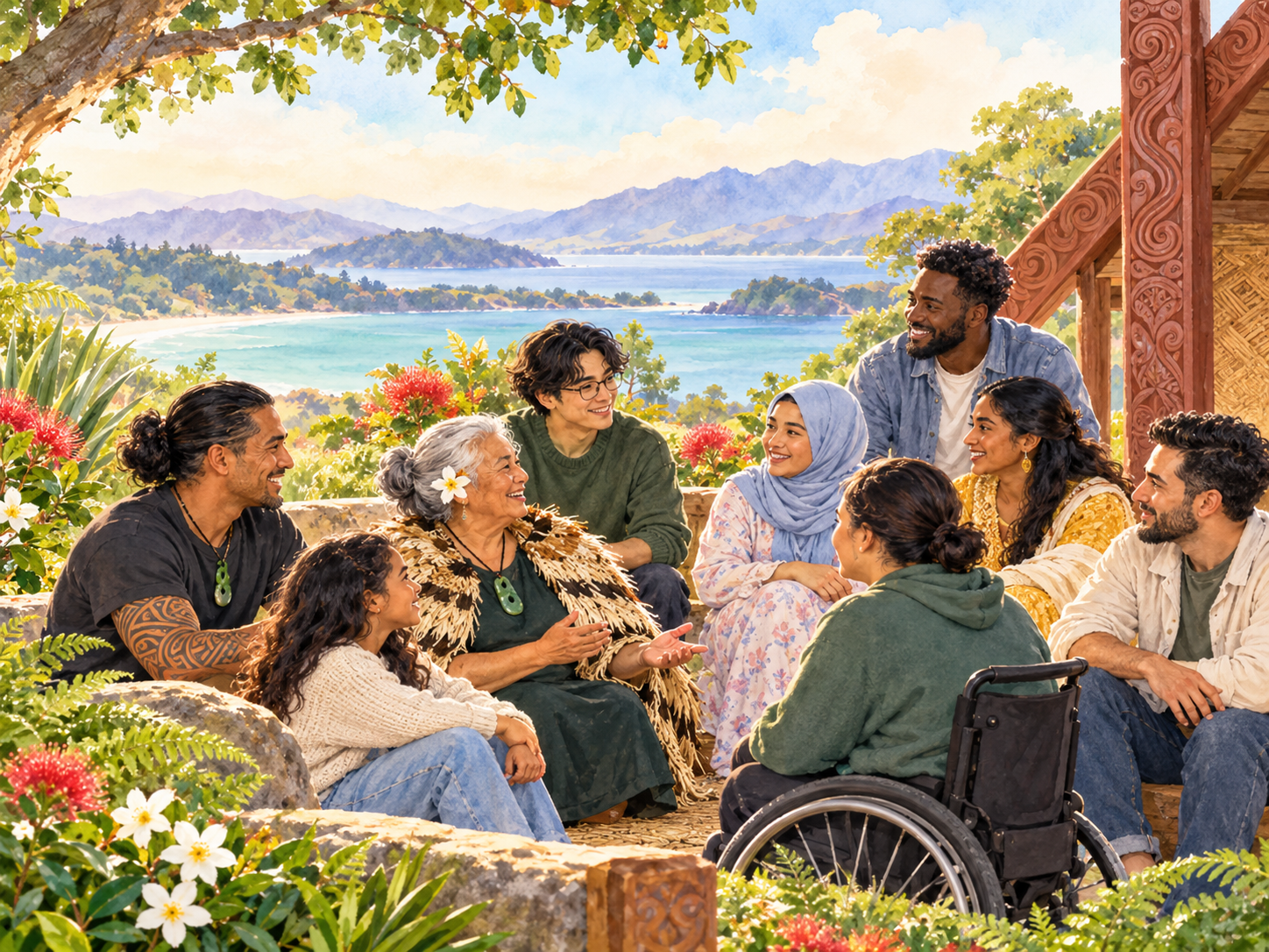 Watercolour community gathering featuring people of different ages and backgrounds, including a wheelchair user