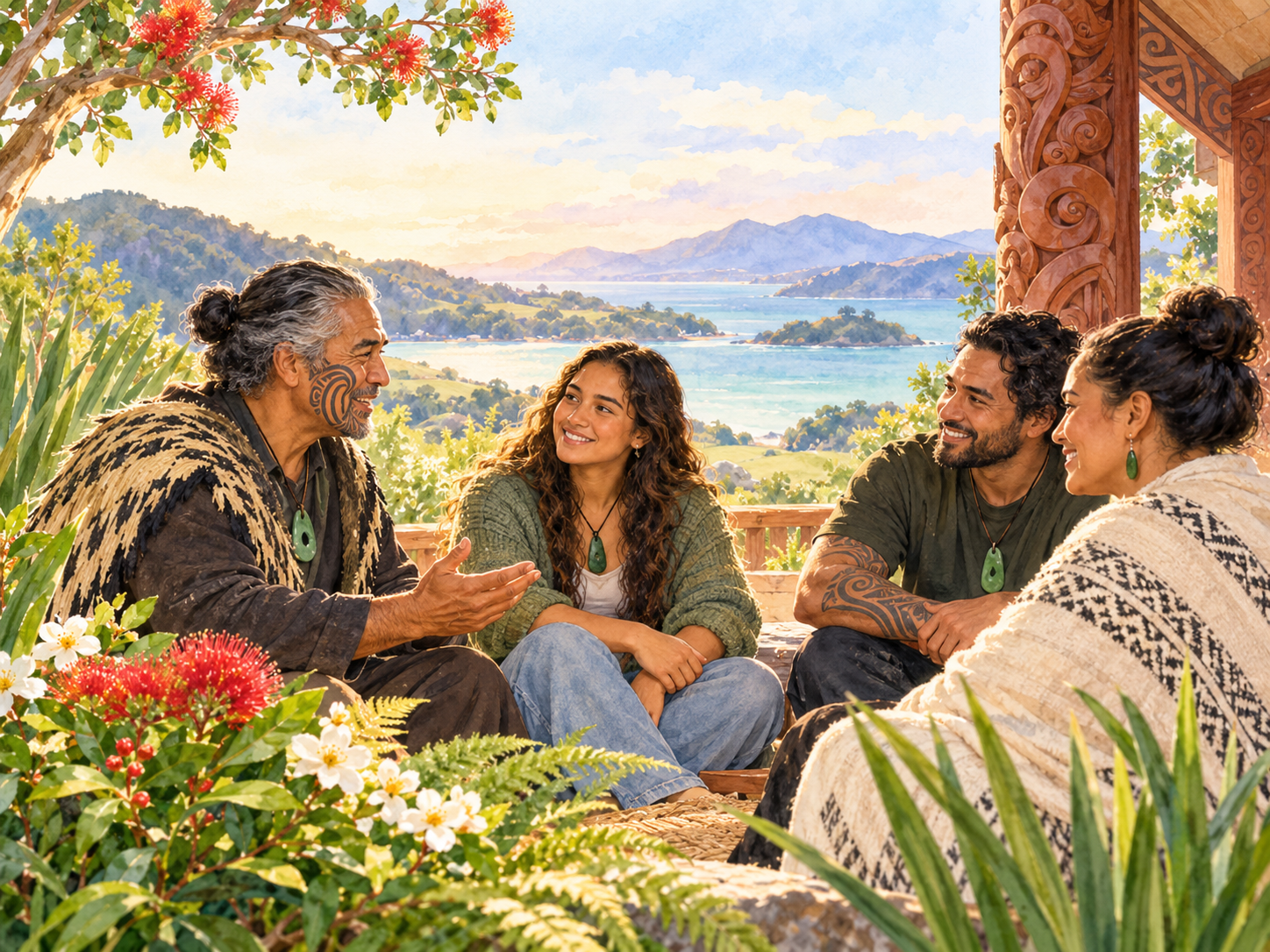 Watercolour illustration of a Māori whānau having a warm conversation in a coastal community setting