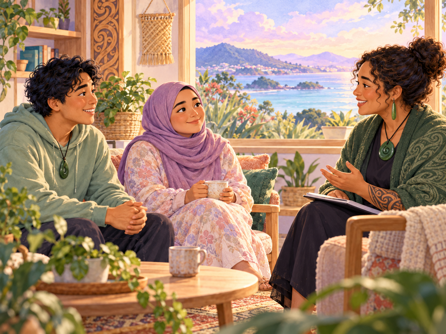 Two people having a supportive conversation in a welcoming setting