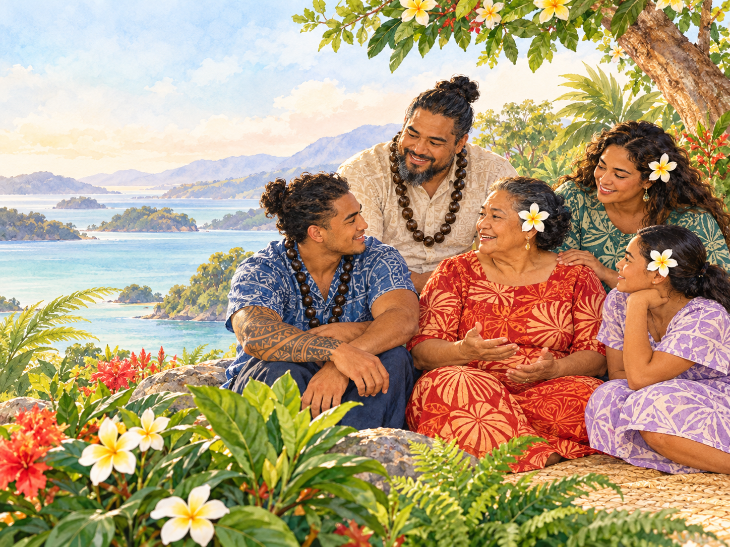 Watercolour illustration of a Pacific family of different generations sharing a supportive conversation beside the sea