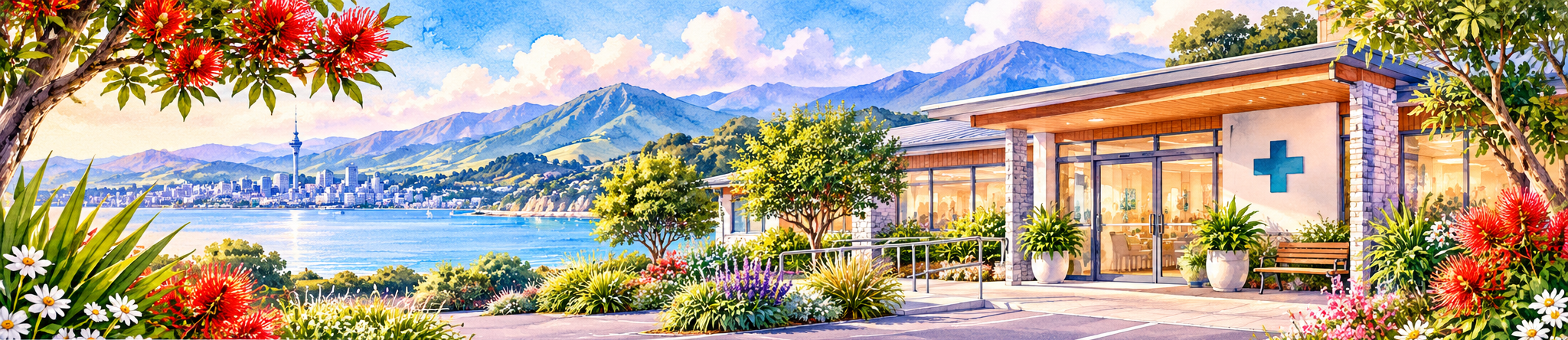 Watercolour New Zealand community healthcare clinic among native flowers, beside a coastal landscape and mountains