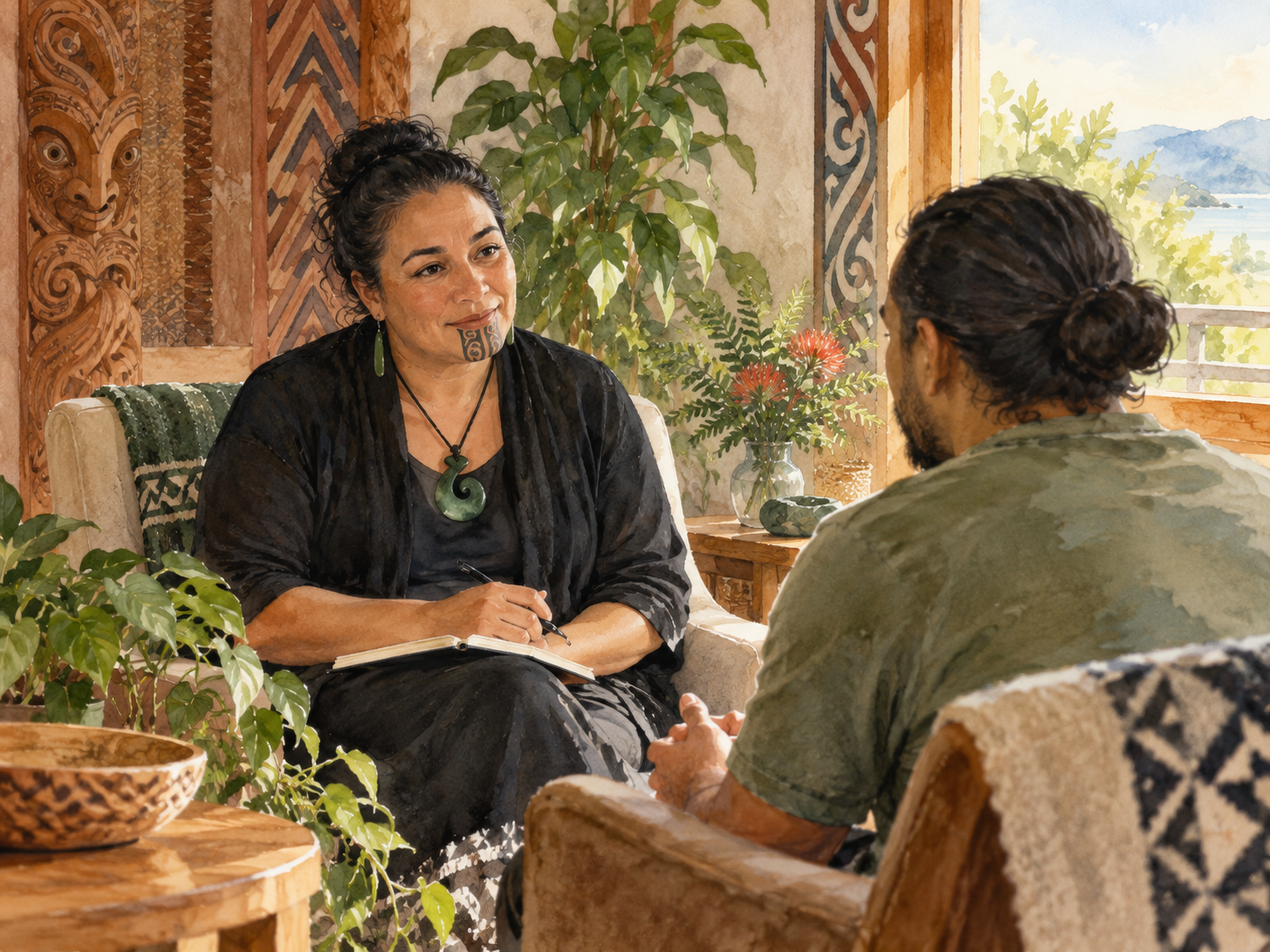 Semi-realistic watercolour of a compassionate Māori counsellor listening to a person in a calm consultation room.