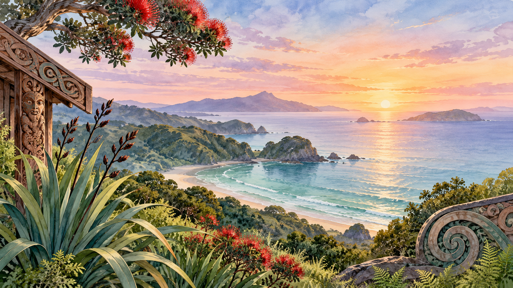 Peaceful Aotearoa coastal sunrise with pōhutukawa and Māori-inspired carving, painted in watercolour.