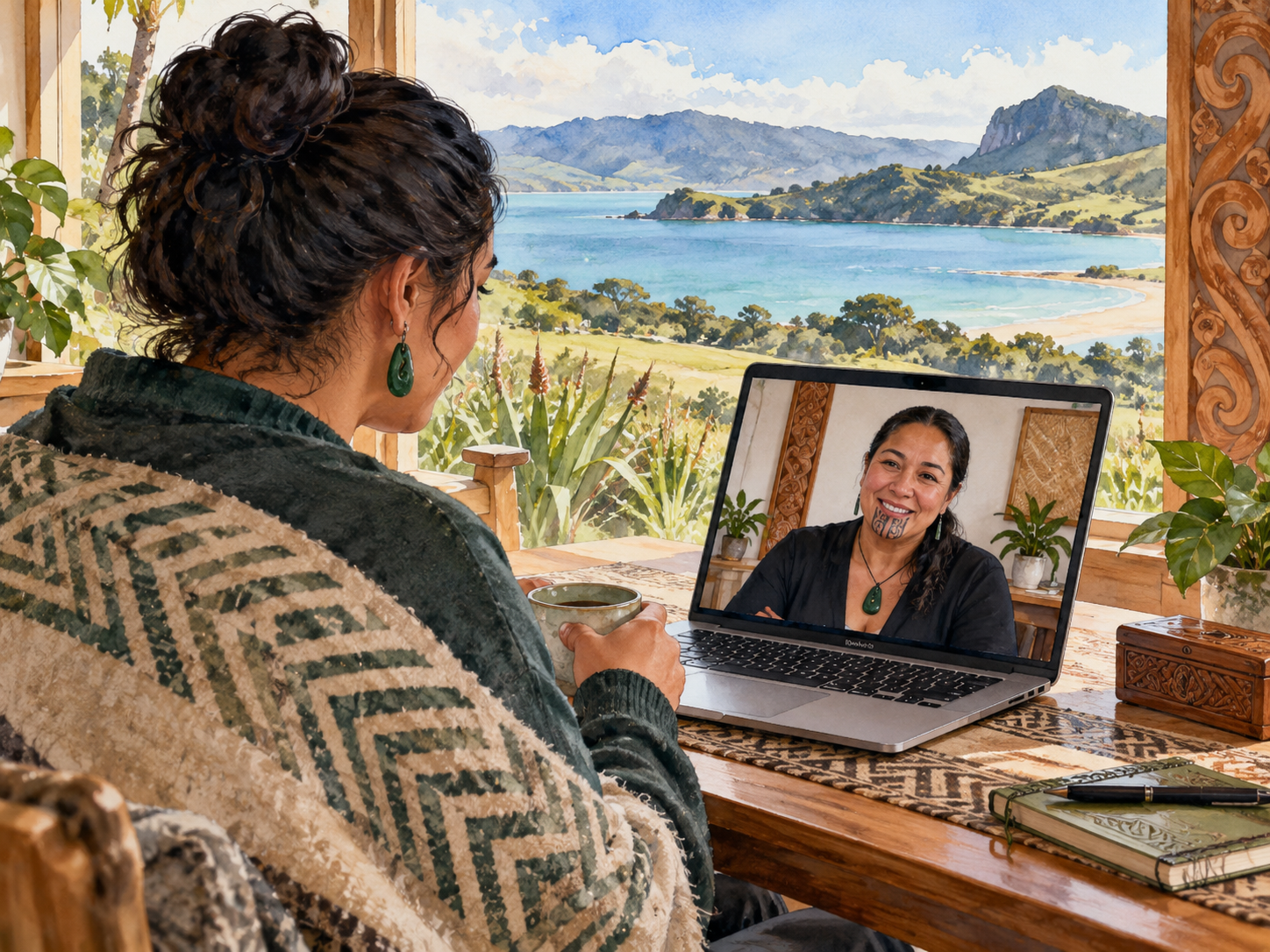 Semi-realistic watercolour of a person joining a Māori mental health telehealth appointment from a peaceful rural setting.