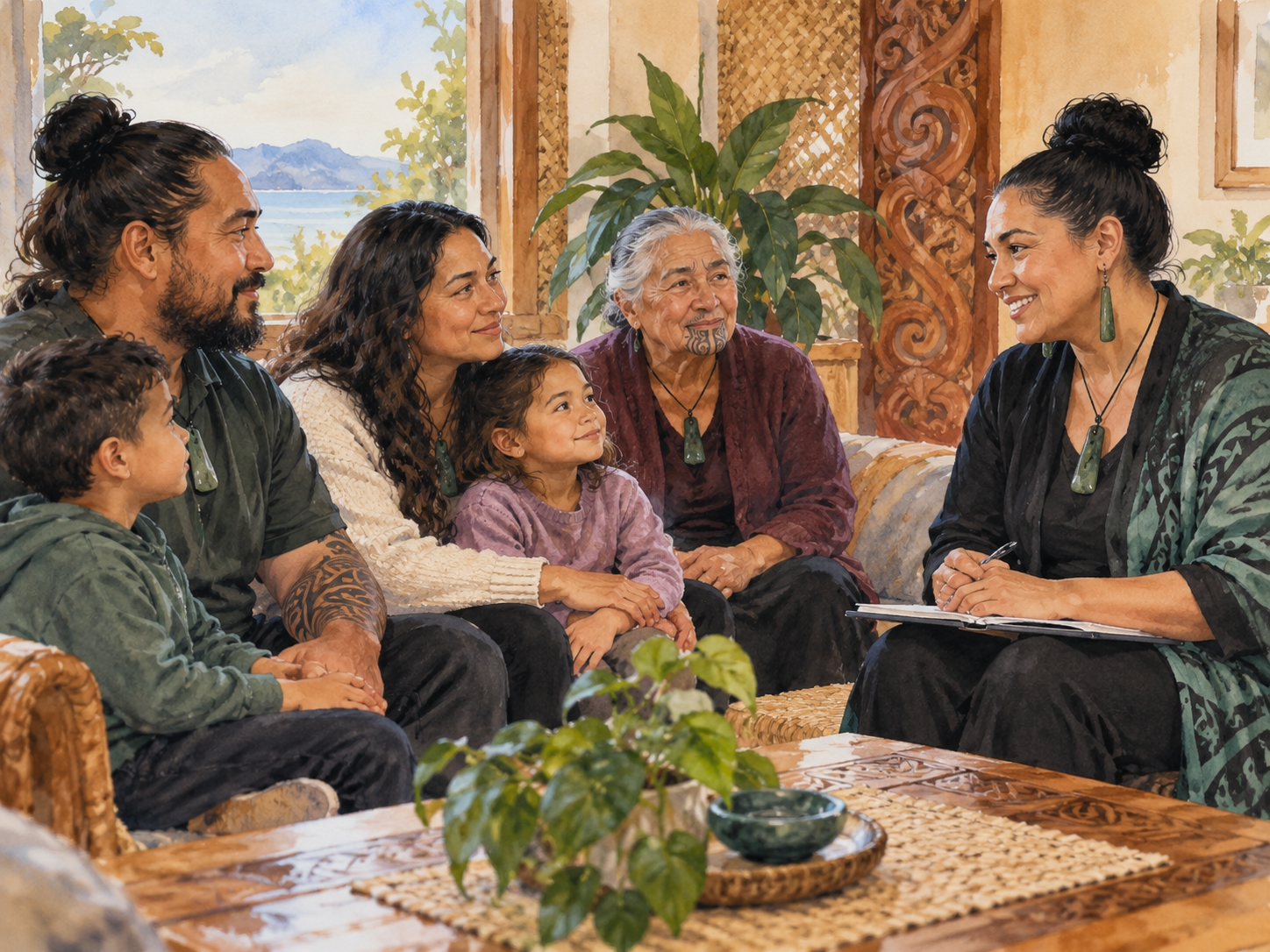 Semi-realistic watercolour of an intergenerational Māori whānau speaking with a supportive professional.