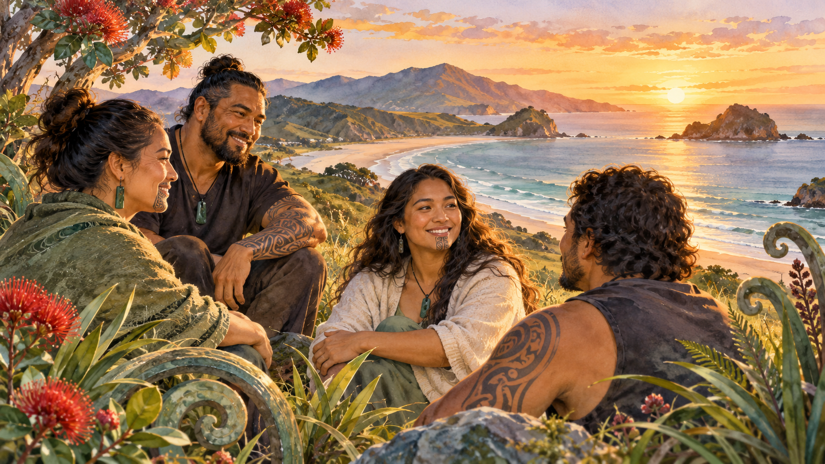 Semi-realistic watercolour of Māori adults talking together beside a coastal landscape at sunset