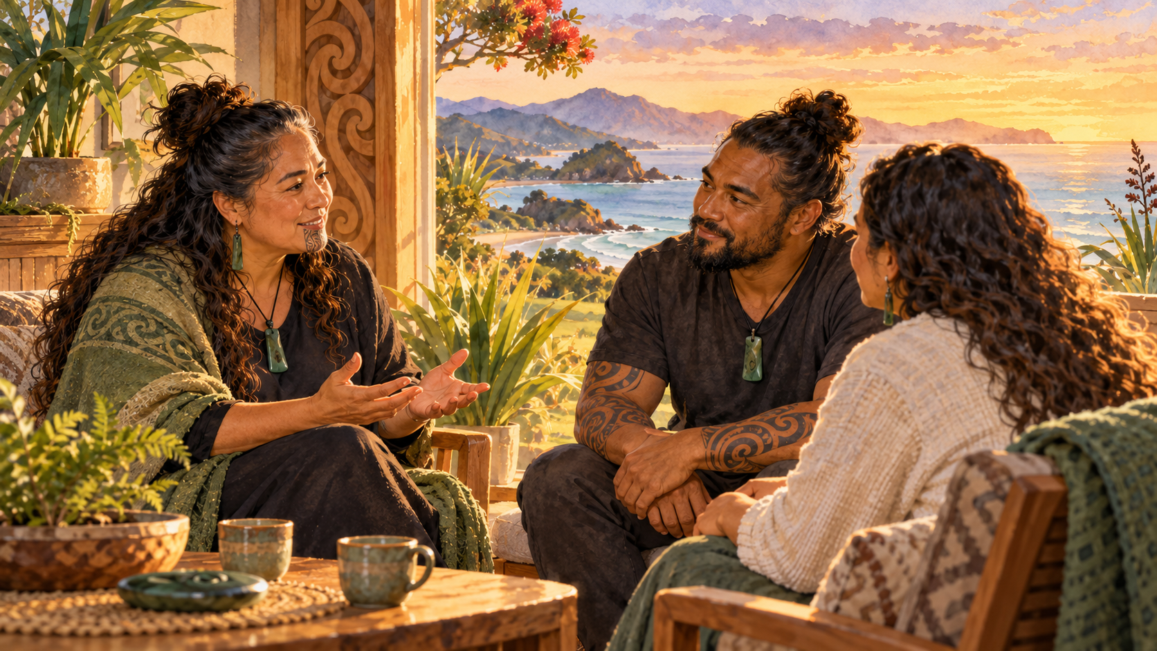 Watercolour of Māori adult receiving a supportive consultation in a relaxed setting