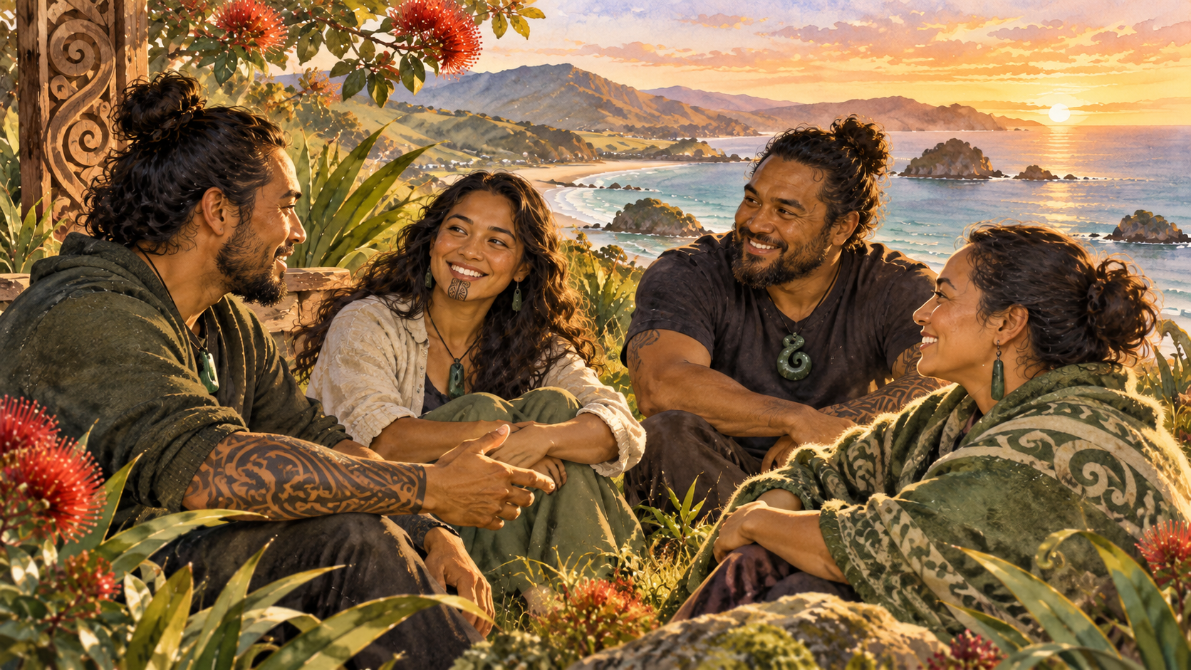 Watercolour of Māori adults connecting as friends and whānau at the coast