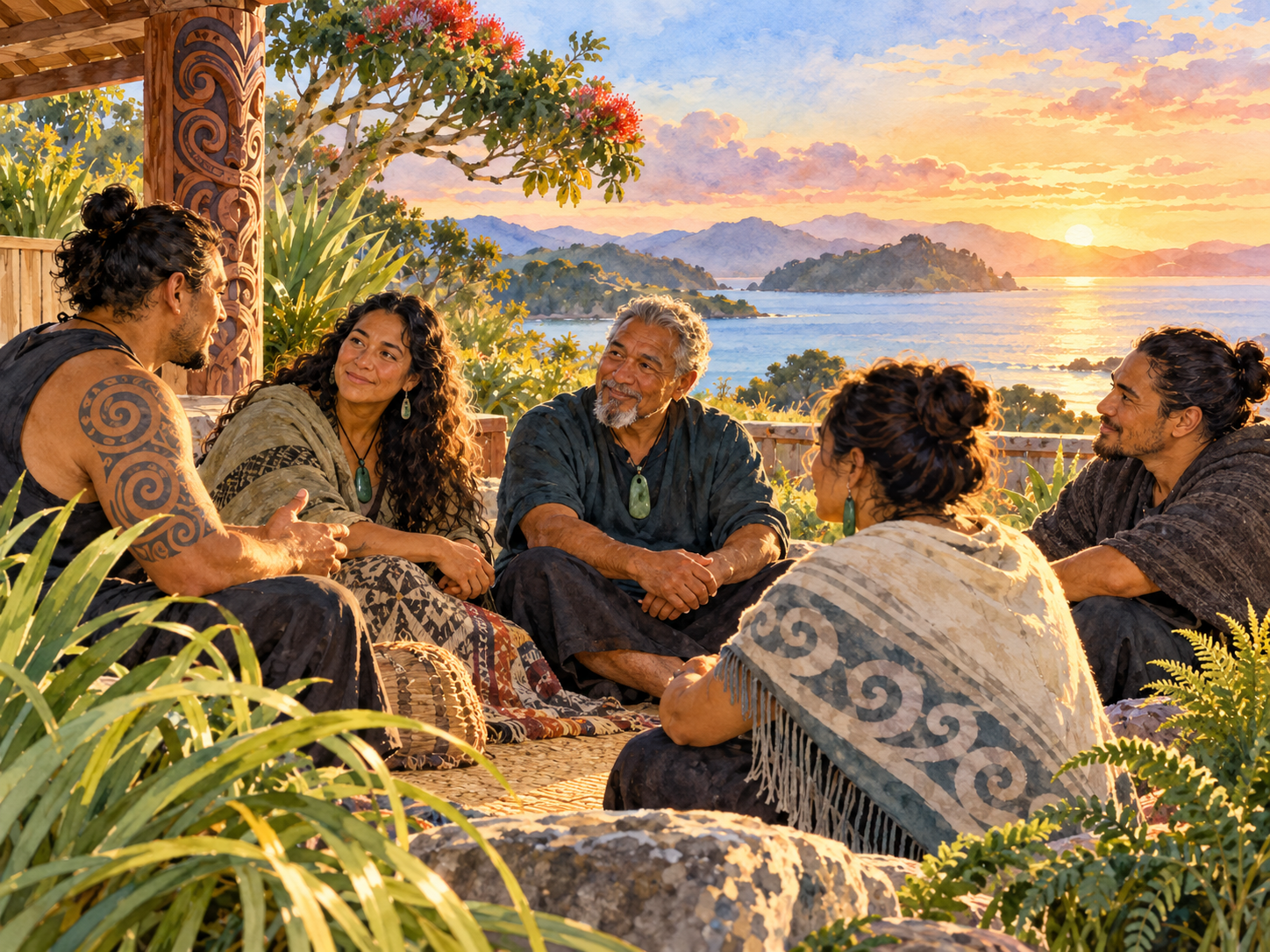 Semi-realistic watercolour of a Māori peer support group in warm conversation