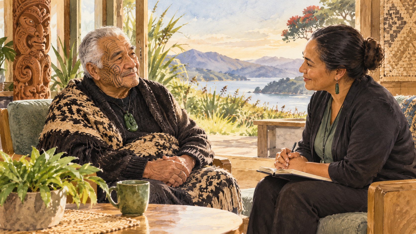 Semi-realistic watercolour scene of an older Māori man in a respectful wellbeing consultation