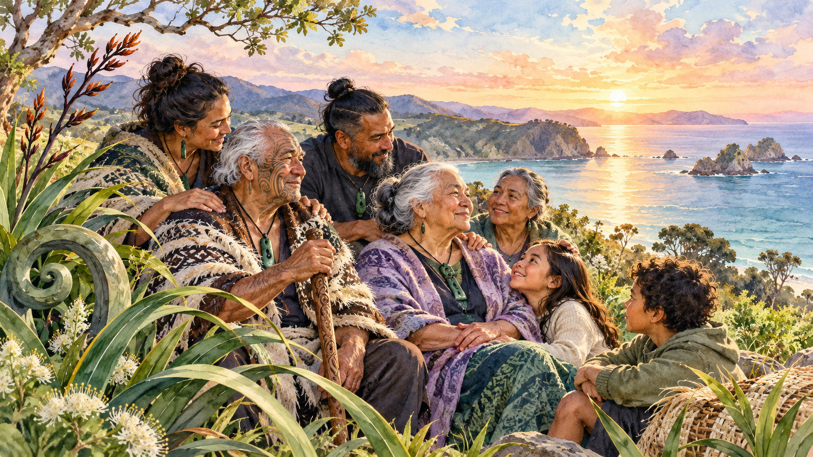 Watercolour image of Māori kaumātua and their whānau enjoying a peaceful coastal landscape