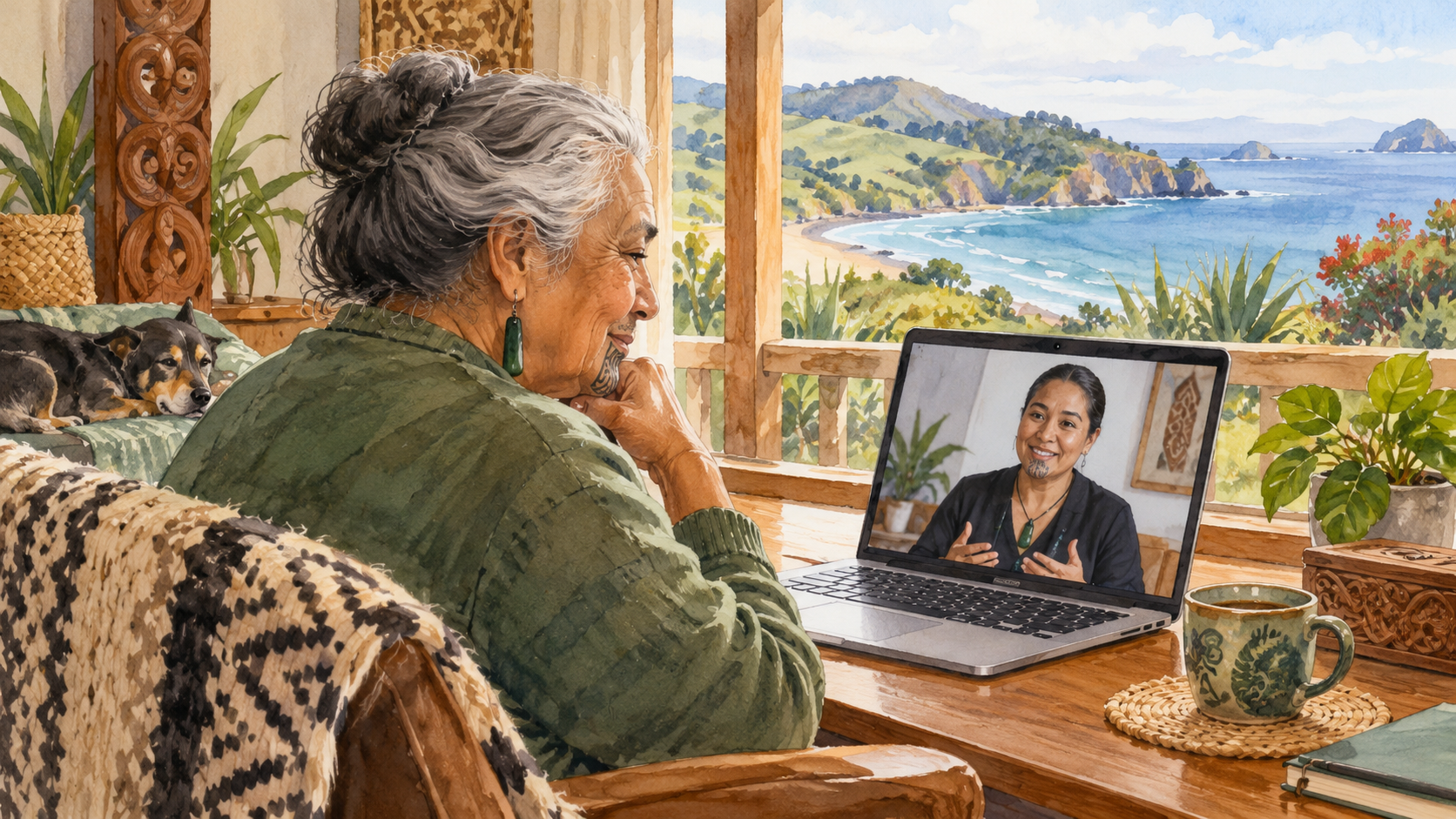 Semi-realistic watercolour scene of a Māori kaumātua speaking with a healthcare professional through a laptop