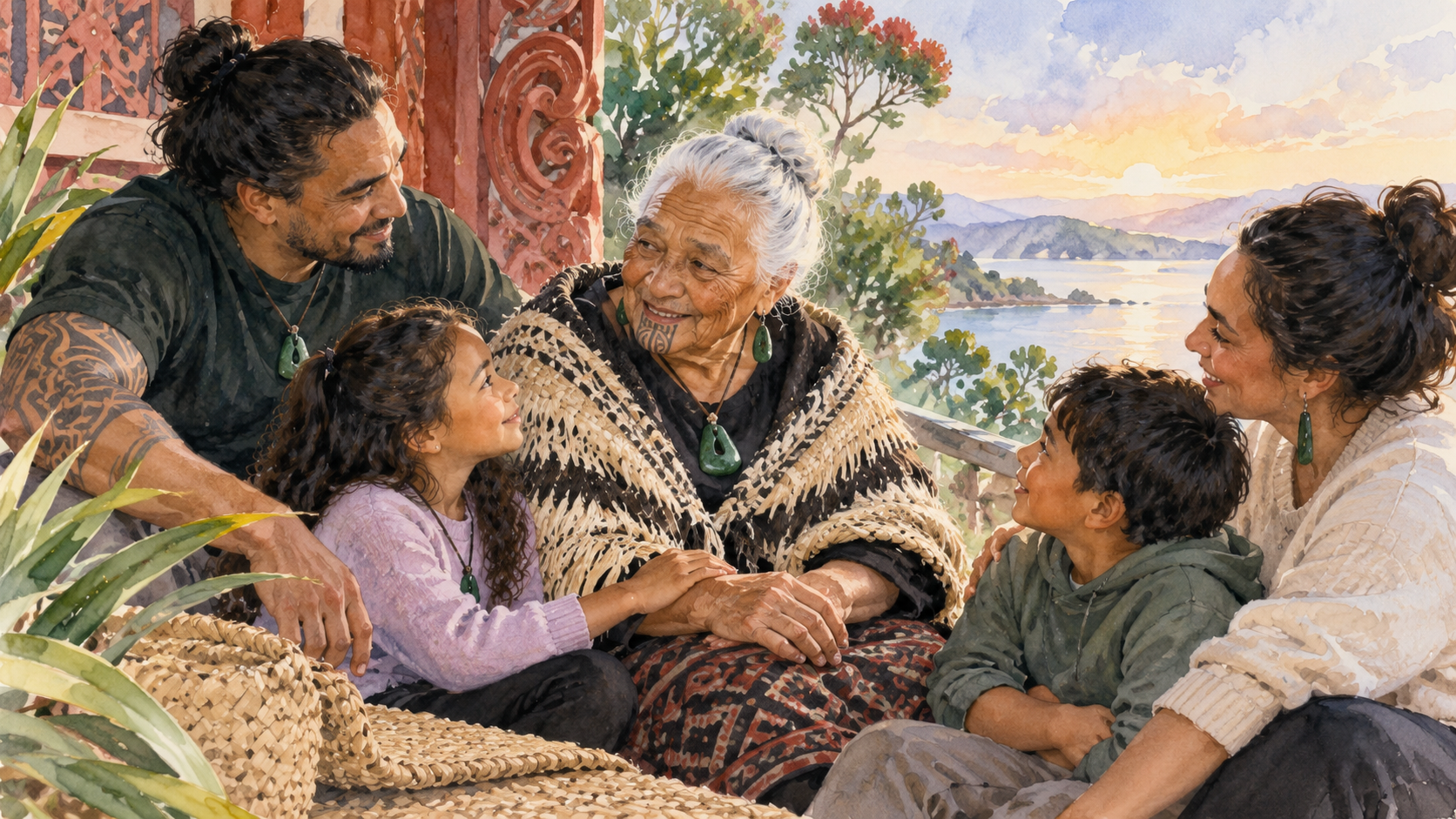Semi-realistic watercolour of an older Māori woman enjoying a warm intergenerational whānau conversation