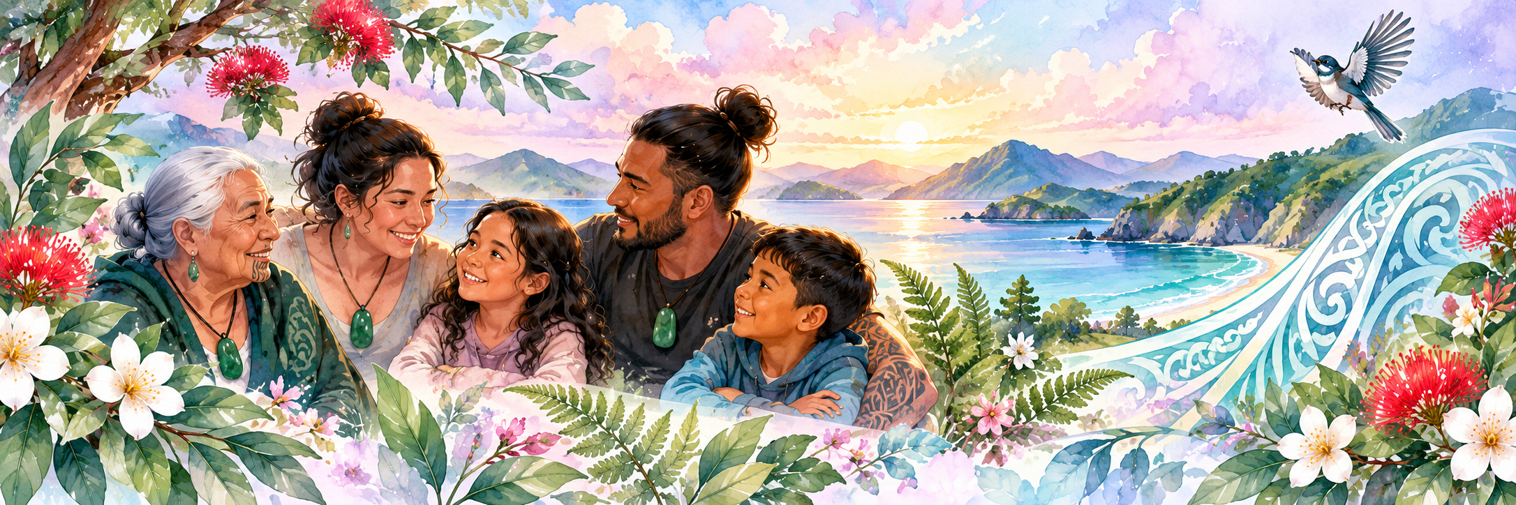 Watercolour illustration of a multigenerational Māori whānau together beside a coastal landscape with native flowers.