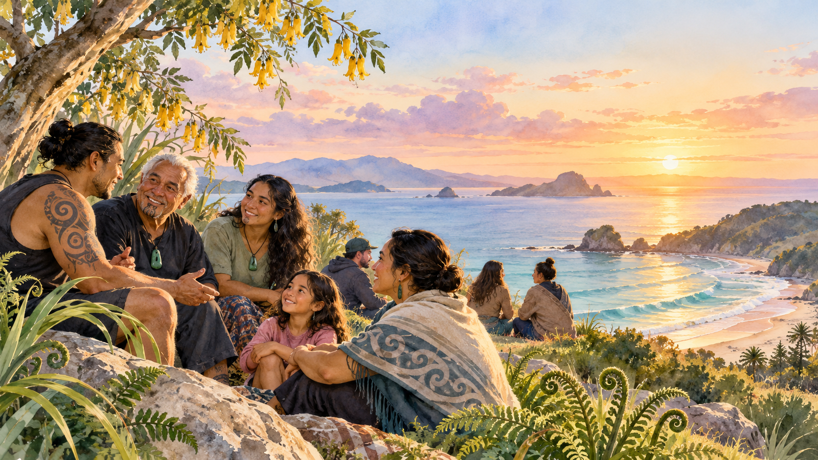 Semi-realistic watercolour of Māori whānau sharing community connection beside the Aotearoa coast
