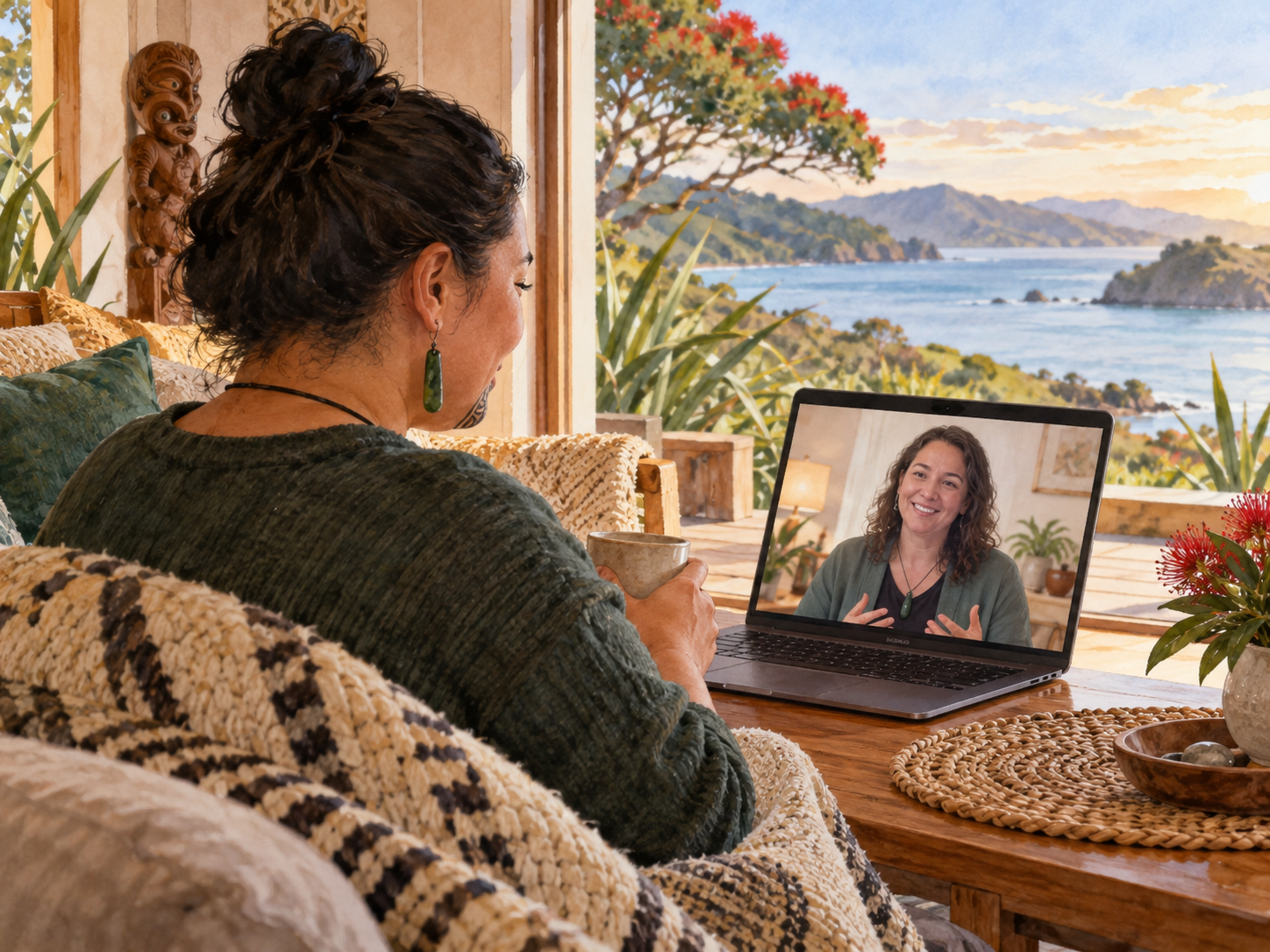 Māori adult attending an online wellbeing appointment from home